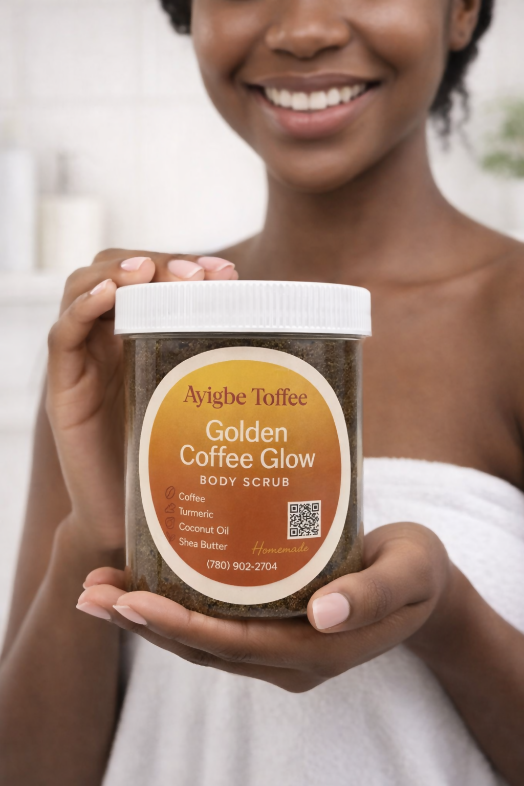 Golden Coffee Glow Body Scrub | Turmeric Coffee Scrub for Brightening Skin | Natural Exfoliating Sugar Scrub | Handmade Skincare | Ayigbe Toffee