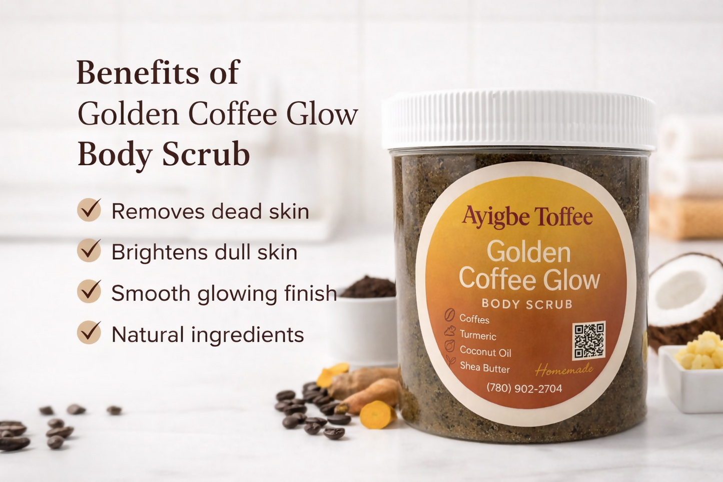 Golden Coffee Glow Body Scrub | Turmeric Coffee Scrub for Brightening Skin | Natural Exfoliating Sugar Scrub | Handmade Skincare | Ayigbe Toffee