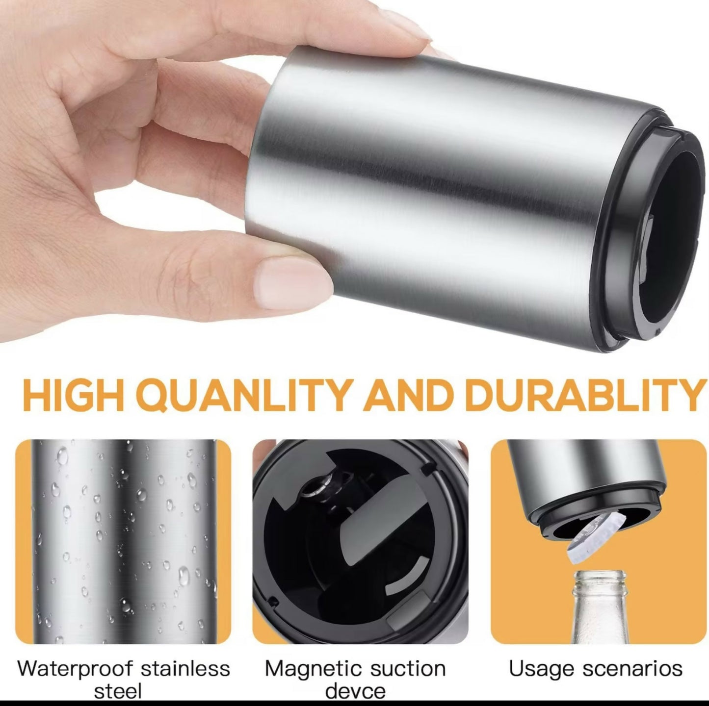 Magnetic Push Down Bottle Opener – Stainless Steel Automatic Beer Cap Remover