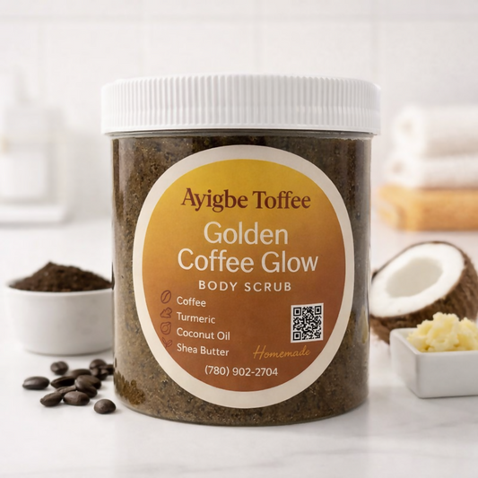 Golden Coffee Glow Body Scrub | Turmeric Coffee Scrub for Brightening Skin | Natural Exfoliating Sugar Scrub | Handmade Skincare | Ayigbe Toffee