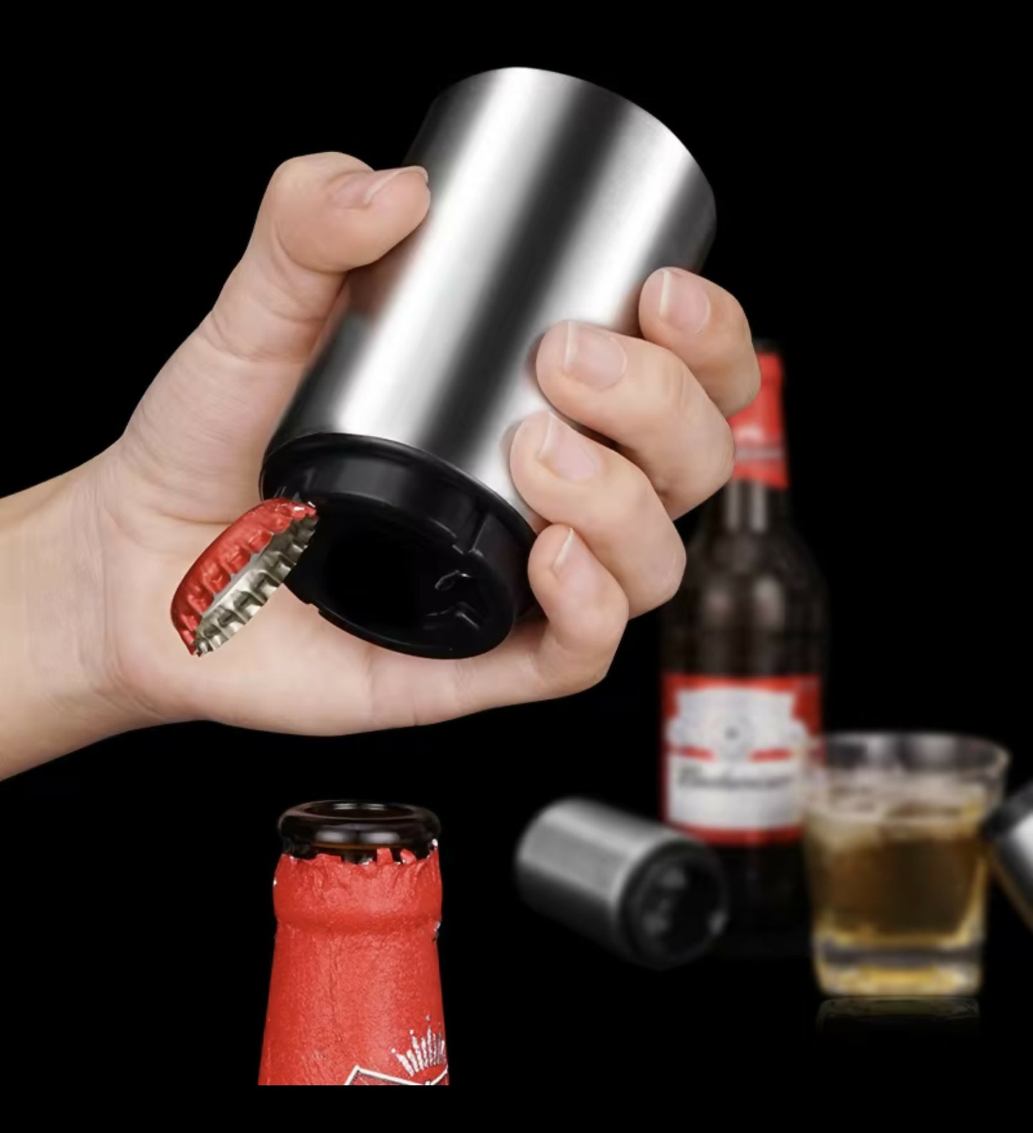 Magnetic Push Down Bottle Opener – Stainless Steel Automatic Beer Cap Remover